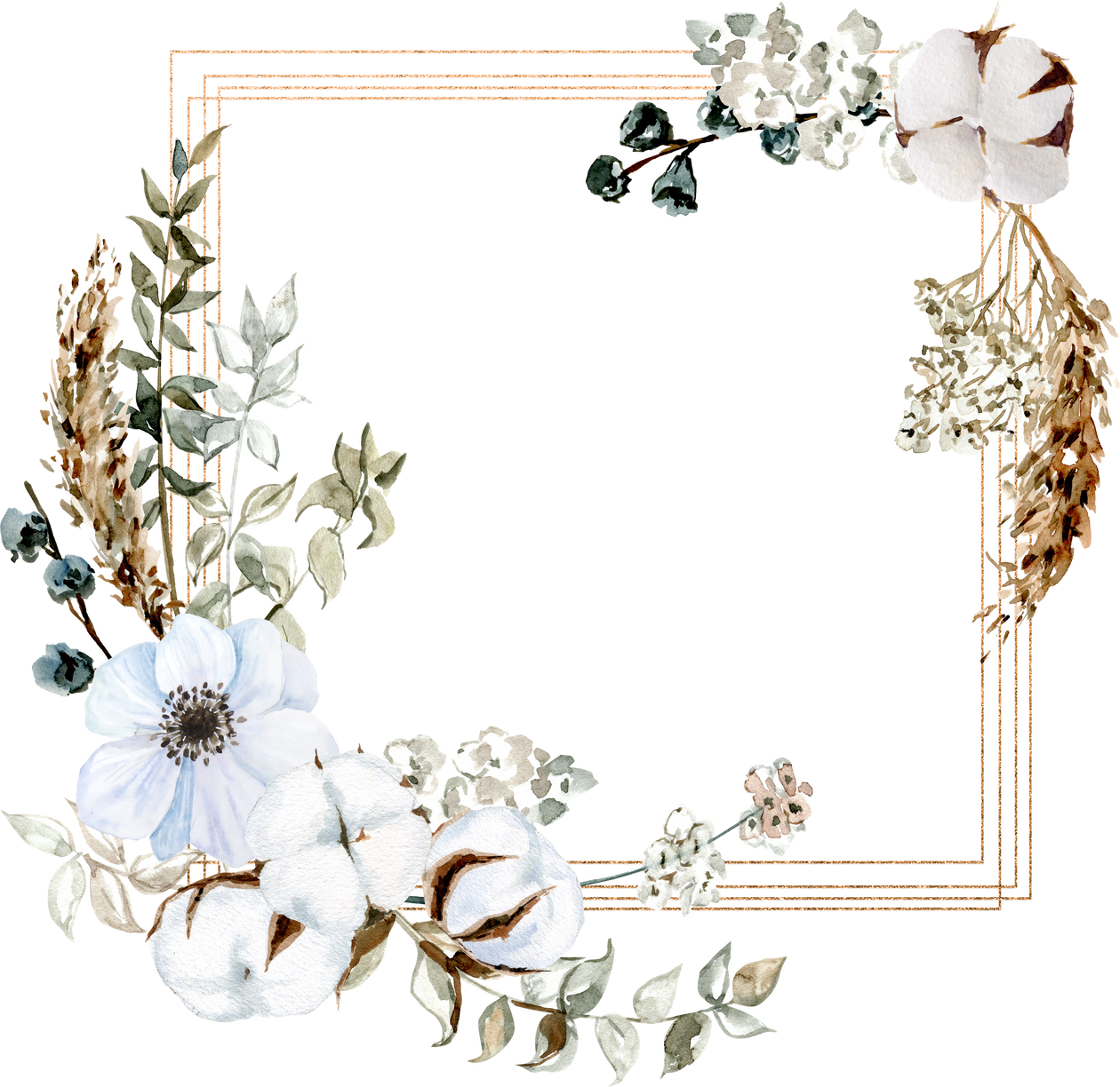 Watercolor boho frame with dry tropical leaves